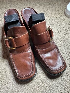 Franco sarto brown leather square toe slip on mules/Loafers with Buckle